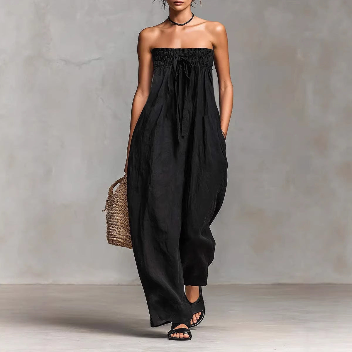 Women's Strapless Ruched Jumpsuit Summer Fashion Tie-up Loose Straight-leg Jumpsuit