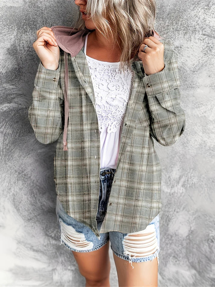 Women's Casual Hooded Distressed Button-Up Overshirt