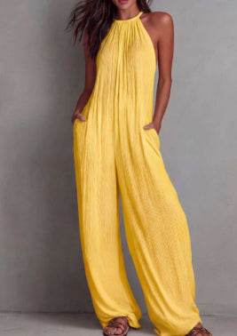 Chic Open-Back Pleated Wide-Leg Resort Jumpsuit