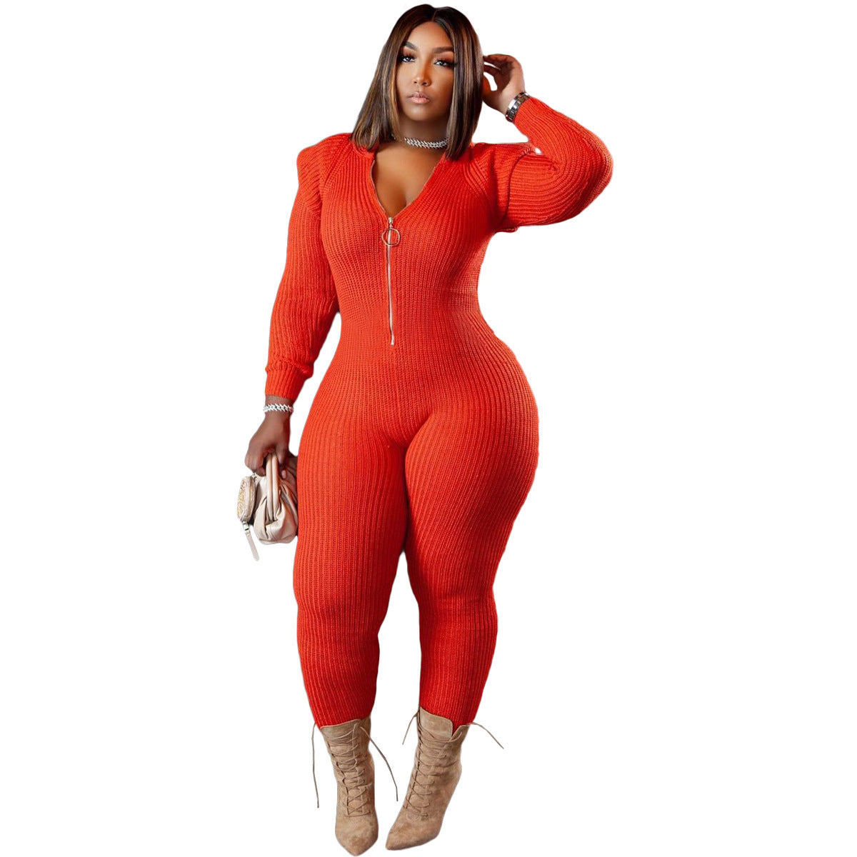 Women's Fall Winter Fashion Knitted Wool Padded Shoulder Hooded Jumpsuit
