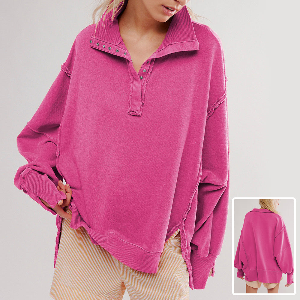 Chic Button Lapel Lantern Sleeve Sweatshirt