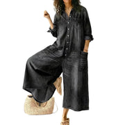 Women's Casual Denim Shirt Jumpsuit with Pockets