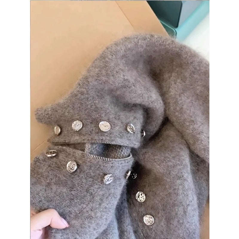 Gray Heavy-duty Double-breasted Stand-collar Sweater Coat