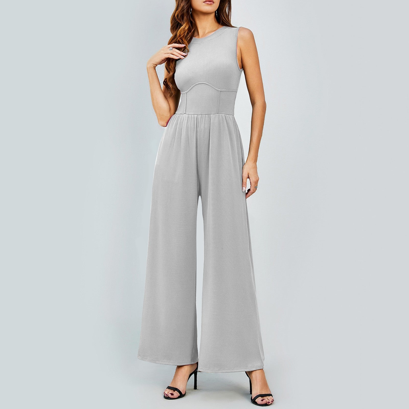 Womens Round-neck Solid-color Sleeveless Slim-fit Long Casual Jumpsuit