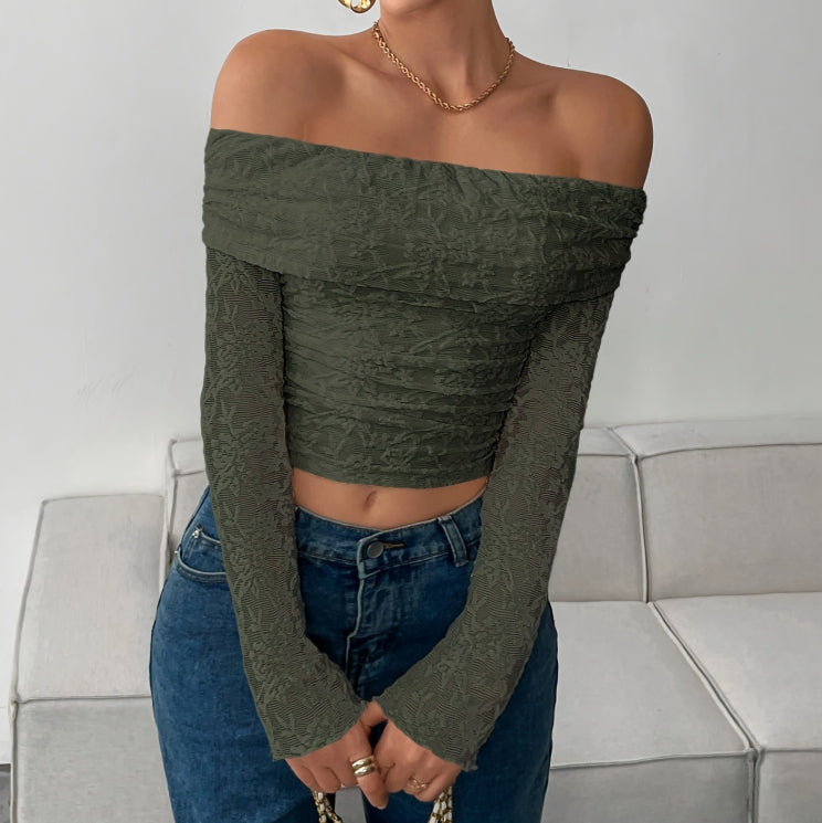 Floral Lace Off‑Shoulder Boat Neck Long‑Sleeve Top – Slimming & Versatile
