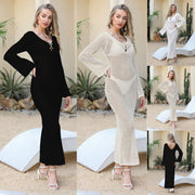 European American Summer New Beach Dress, Solid Sexy Flare Sleeve Hollow Out Long Beach Dress, Bikini Cover Up