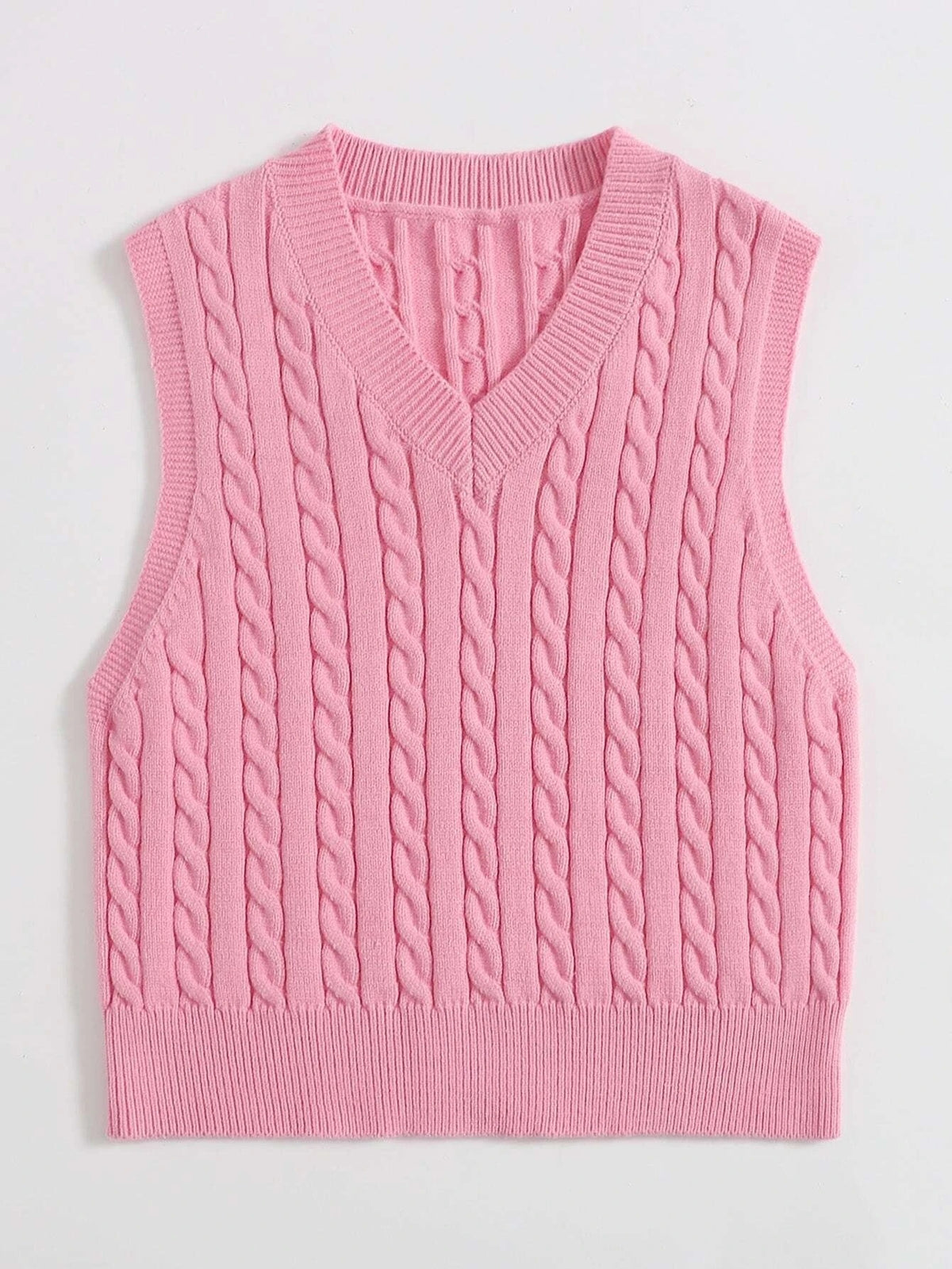 Springsummer Knitted Cabled Vest Pullover with V-neck
