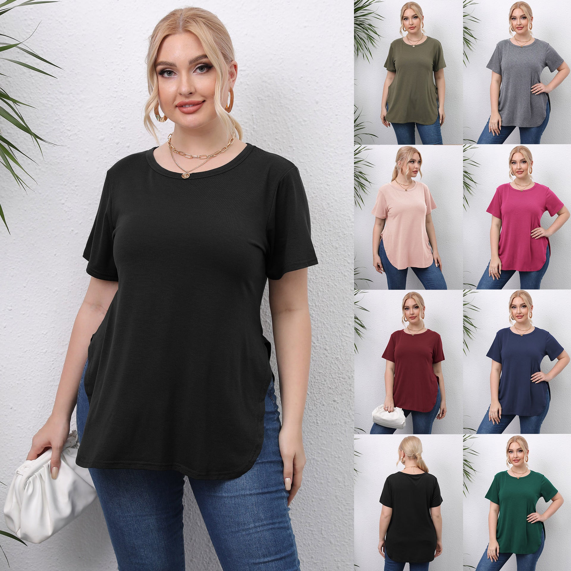 Casual Split-Detail Round Neck Short‑Sleeve Tee – Soft Cotton‑Blend
