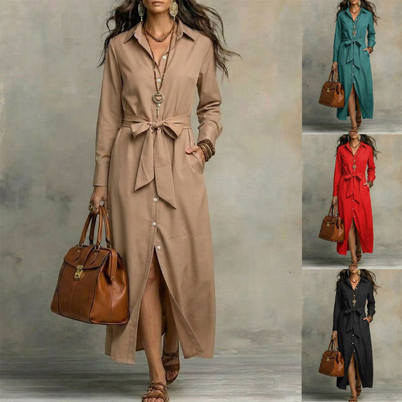 Notch-collar Long-sleeve Lace-up Slit Dress with Pockets