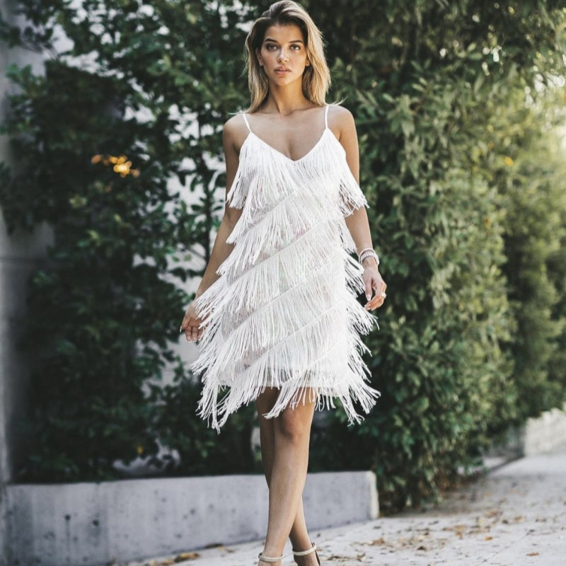 Womens Tassel V-neck Mesh Dress