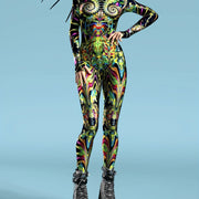 Psychedelic Fractal Print Spandex Bodysuit – High Neck, Long Sleeve, Women's Costume