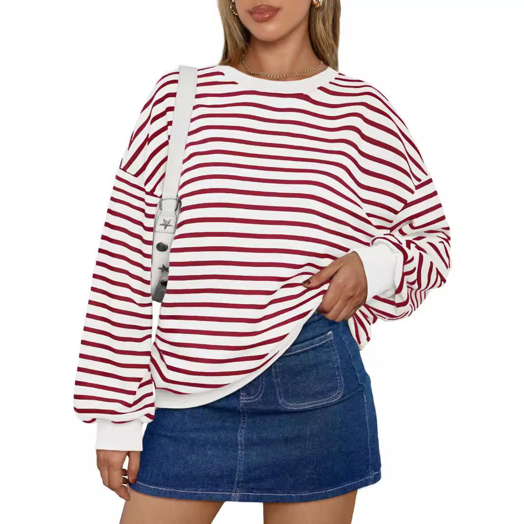 Women's Colorful Striped Loose Round Neck Sweatshirt