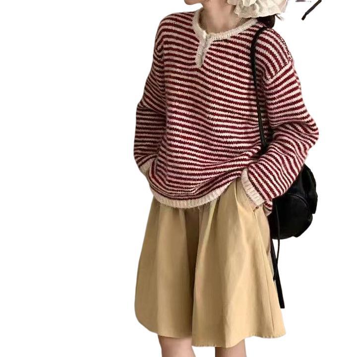 Retro Loose Soft Glutinous Striped Sweater for Women