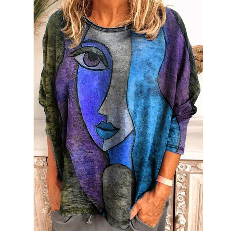 Artistic Face Print Long Sleeve Tee for Autumn