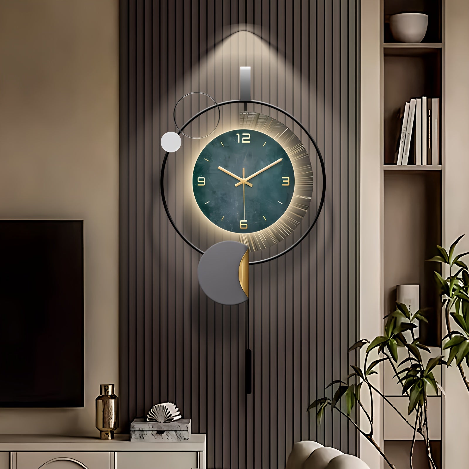 Modern LED Metal Wall Clock, 28x14in Nordic-Inspired Design, Silent Ticking Large Art Deco Timepiece with Green & Blue Accents, Battery-Operated Minimalist Home Decor for Living Room or Office