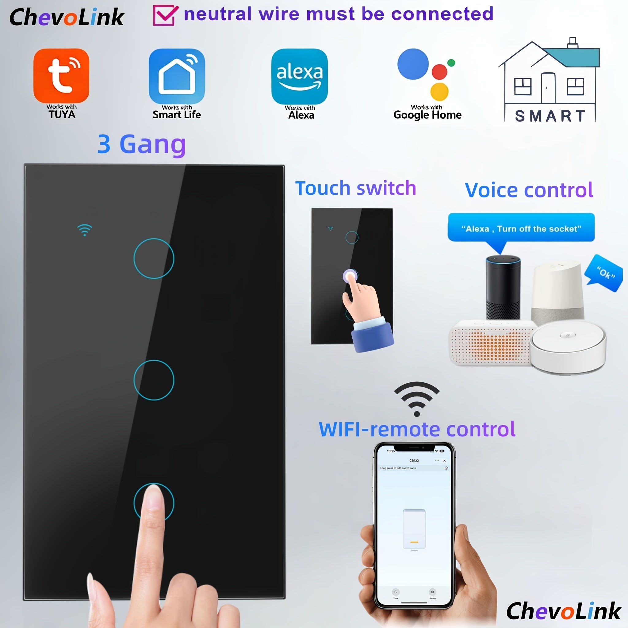 Black Smart Wi‑Fi Touch Light Wall Switch, Tempered Glass Panel, 1‑4 Channel Options, Requires Neutral Wire, 100‑240 V