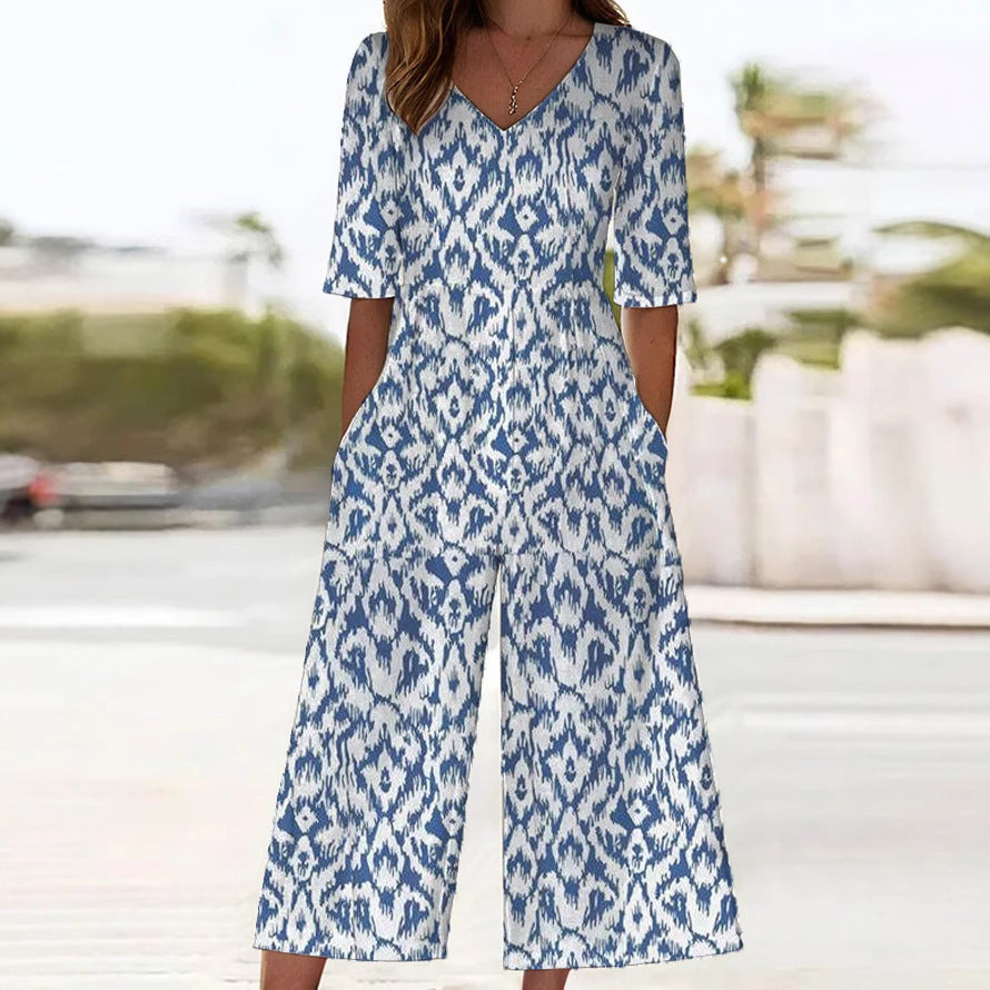 Womens Plus-Size Elegant Printed Sleeveless Jumpsuit
