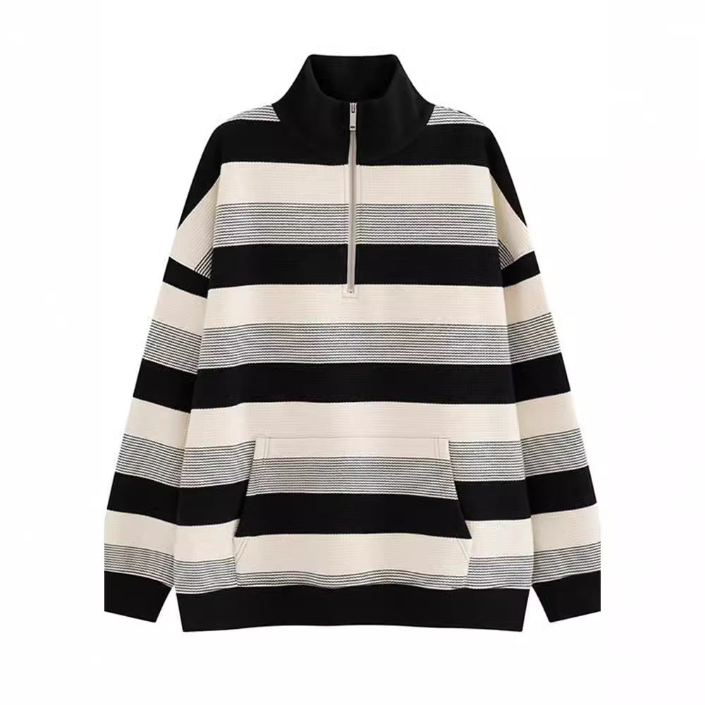 Women's Retro Half-Zip Striped Sweatshirt