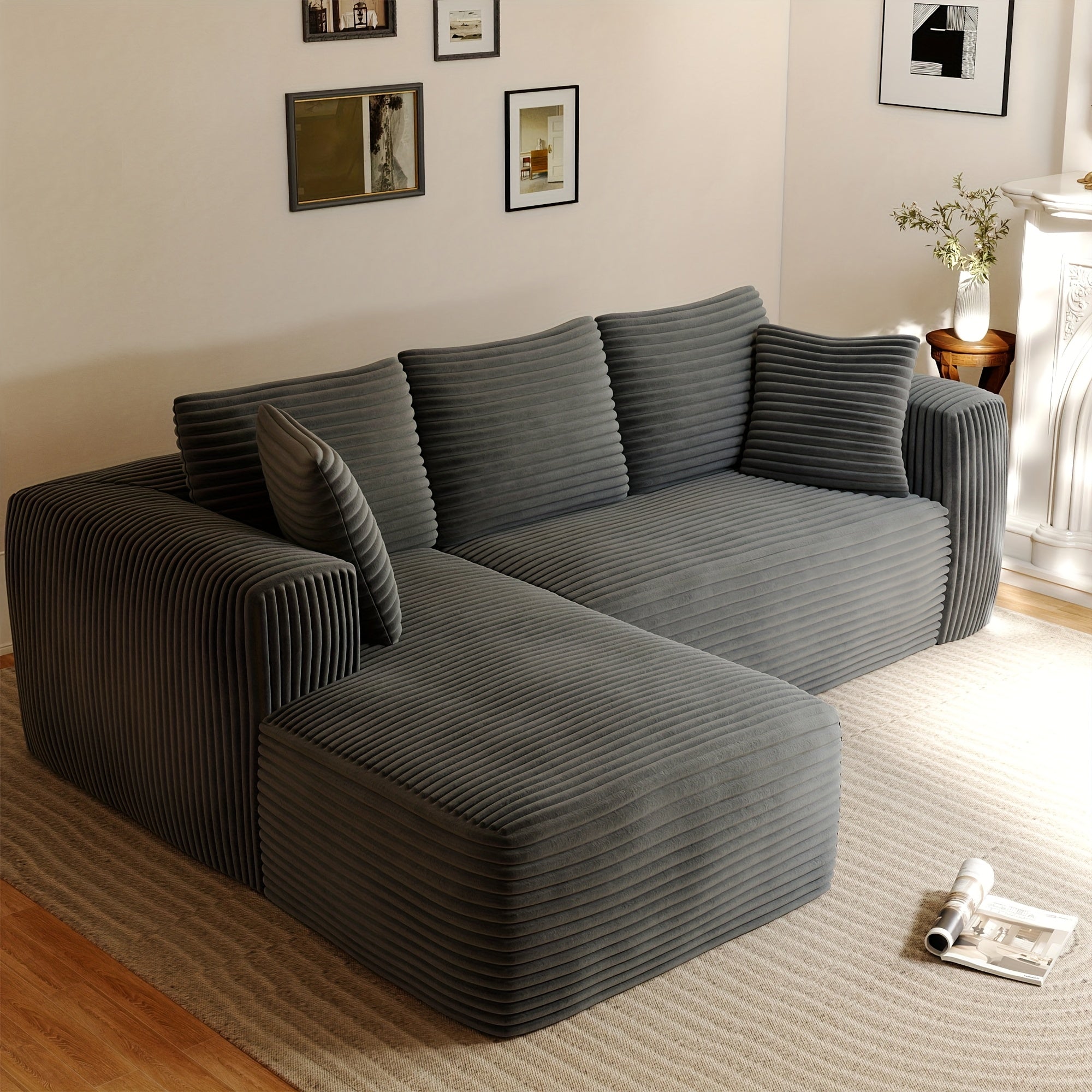 Modular L-shaped chaise longue sofa bed with deep seat and corduroy upholstery