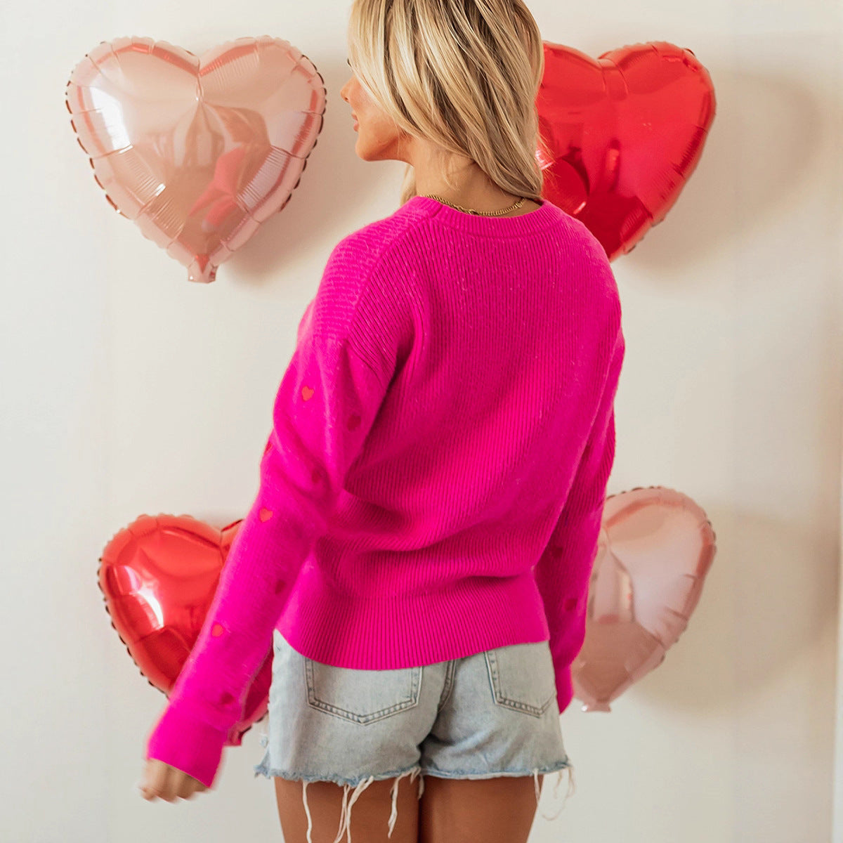 Women's Casual Heart-print Crewneck Long-sleeve Sweater