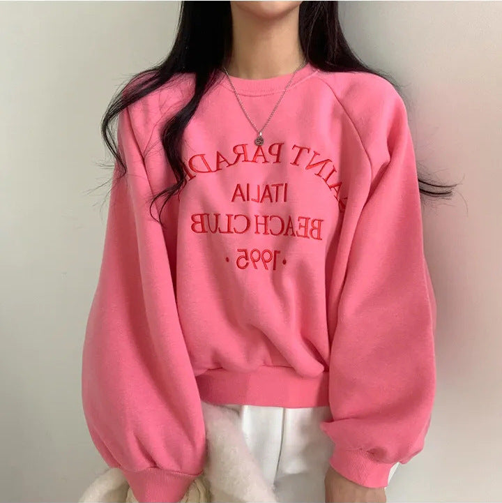 Embroidered Velvet Thick Round Neck Sweater for Women