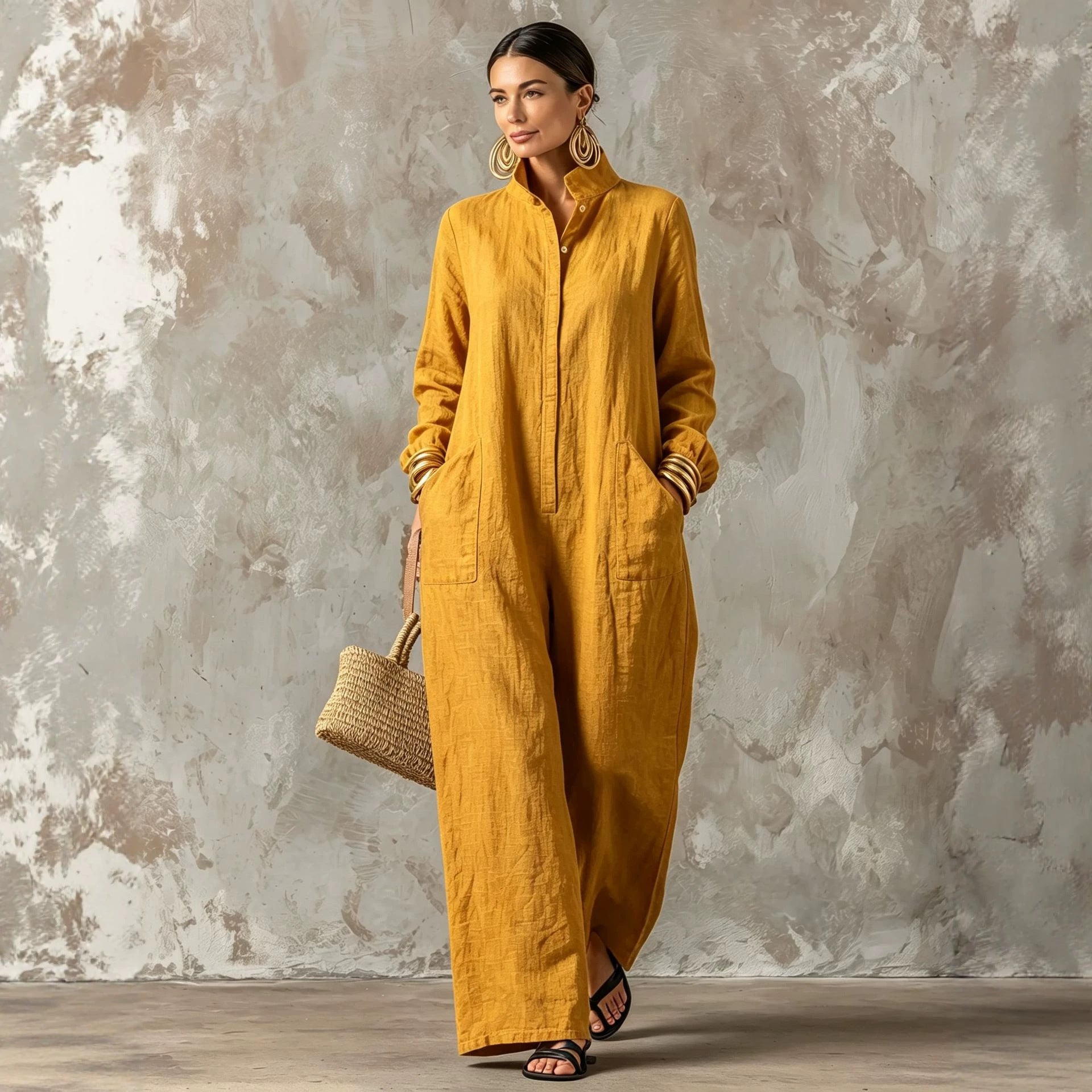 Chic Mandarin Collar Wide-Leg Long Sleeve Jumpsuit