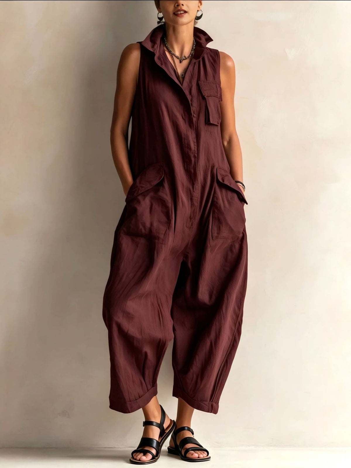 Casual Cotton Multi-Pocket Wide-Leg Jumpsuit