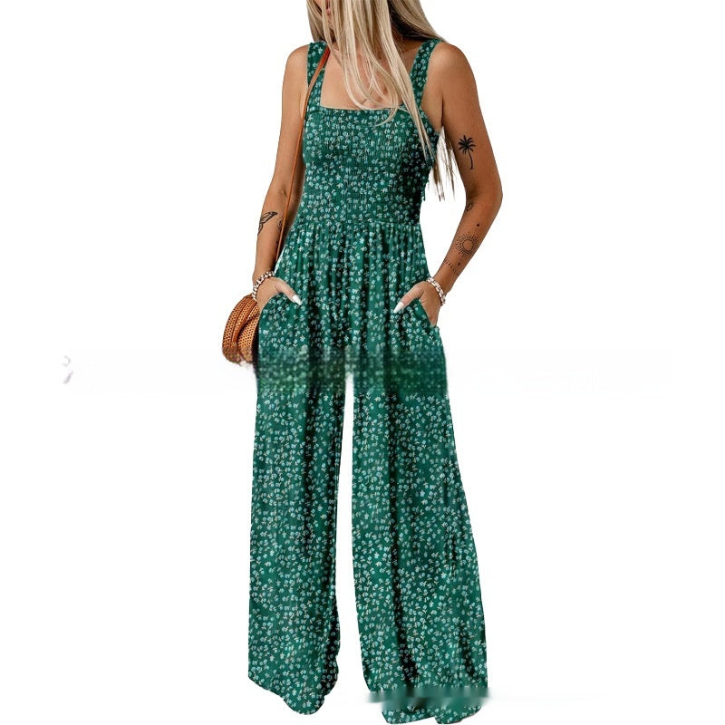 Bohemian Floral Spaghetti Strap Wide Leg Overalls
