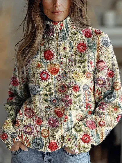 Womens Floral-print Turtleneck Sweater