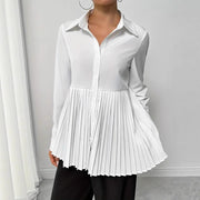 Solid-color Buttoned Pleated Long-sleeve Shirt