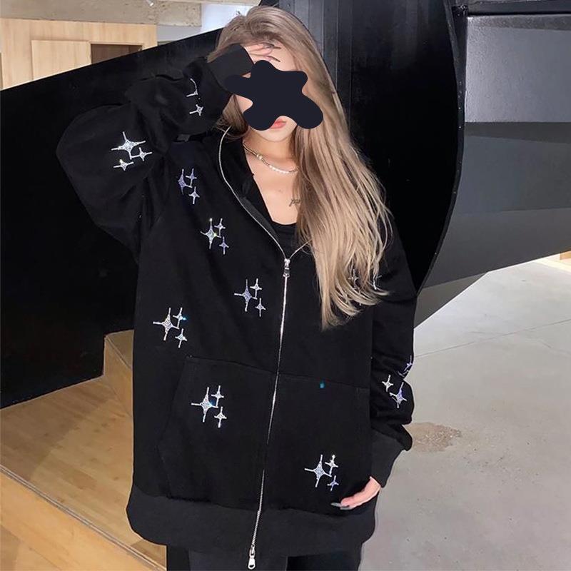 Rhinestone Zip-Up Hooded Sweater