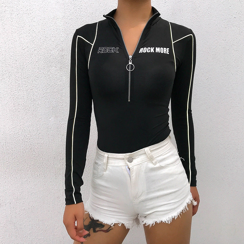 Reflective Line Biker Turtleneck Bodysuit Jumpsuit