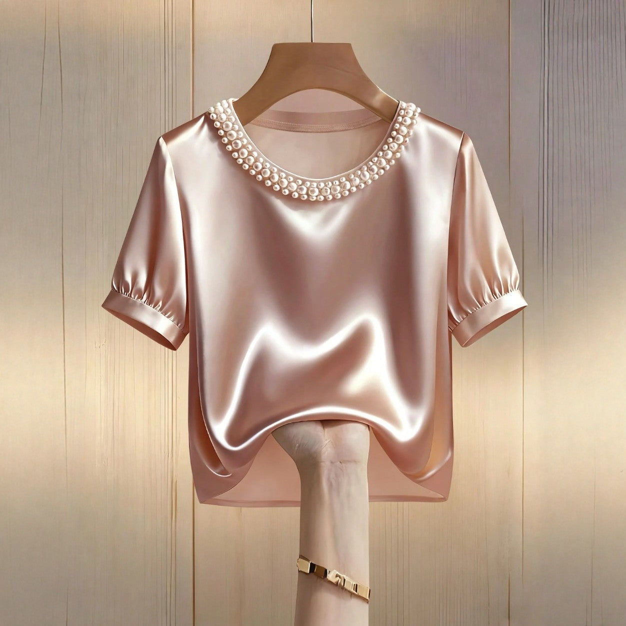 Elegant Satin Pearl-Collar Short Sleeve Shirt – Chic & Versatile