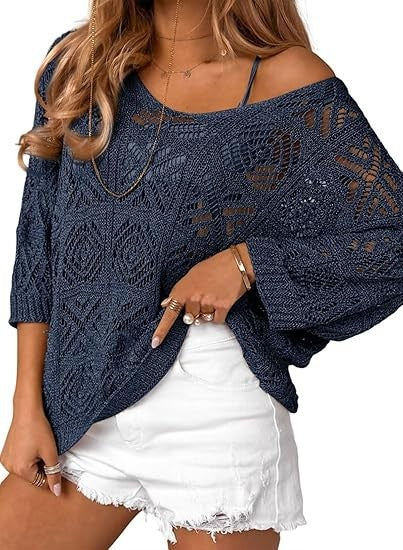 Crochet Hollowed-out Three-quarter-sleeve Pullover Sweater