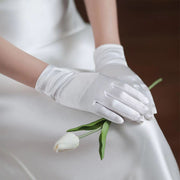 Elegant White Satin Gloves with Lace and Pearl Details