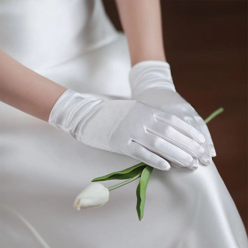 Elegant White Satin Gloves with Lace and Pearl Details