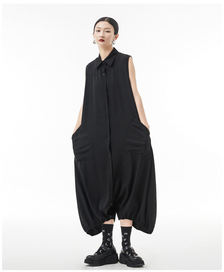 Women's Summer Thin Japanese Lapel Sleeveless Jumpsuit