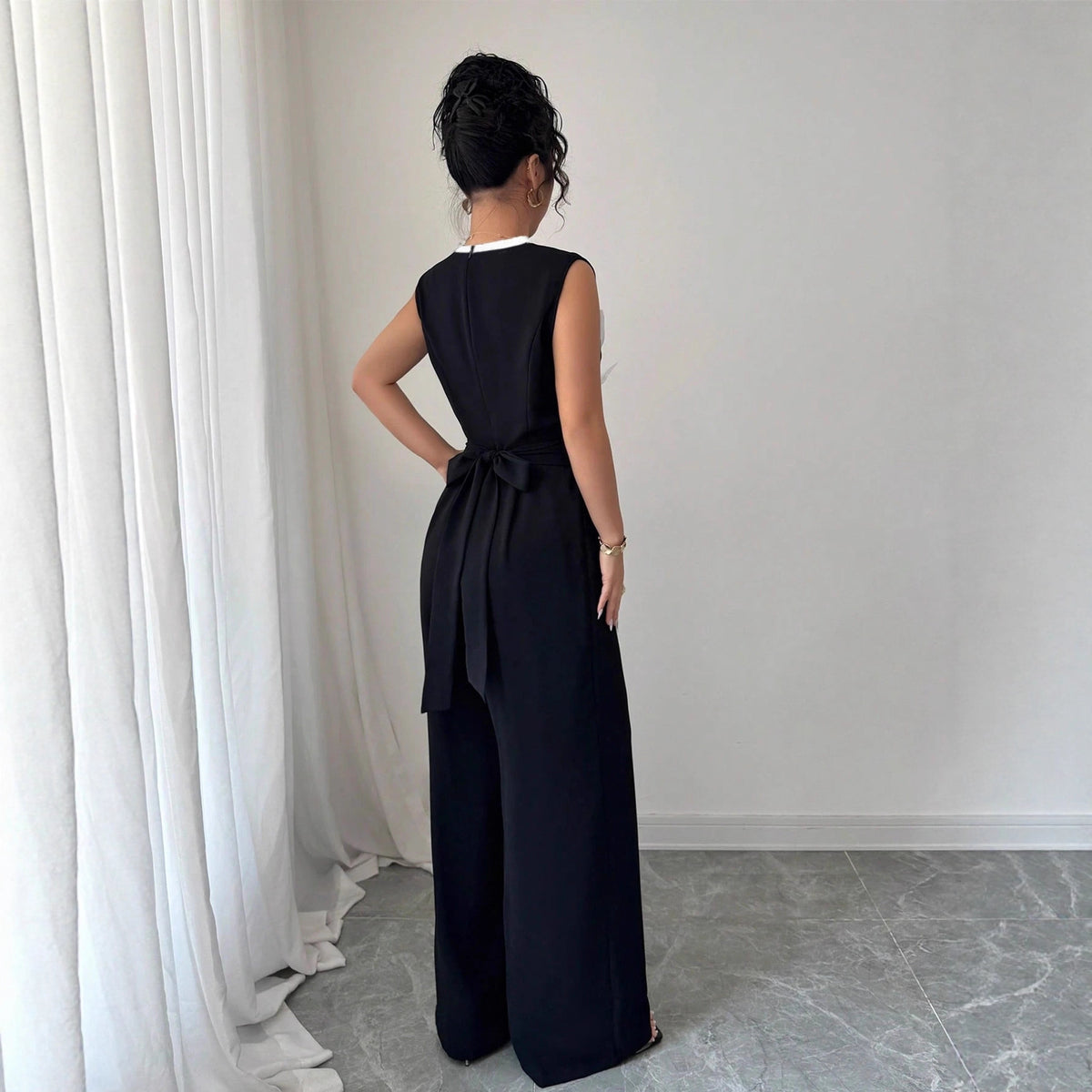 Elegant Embroidered Black Sleeveless Wide-Leg Jumpsuit