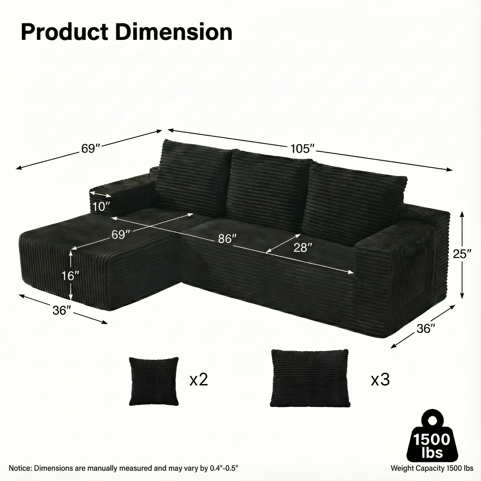 Modular L-shaped chaise longue sofa bed with deep seat and corduroy upholstery