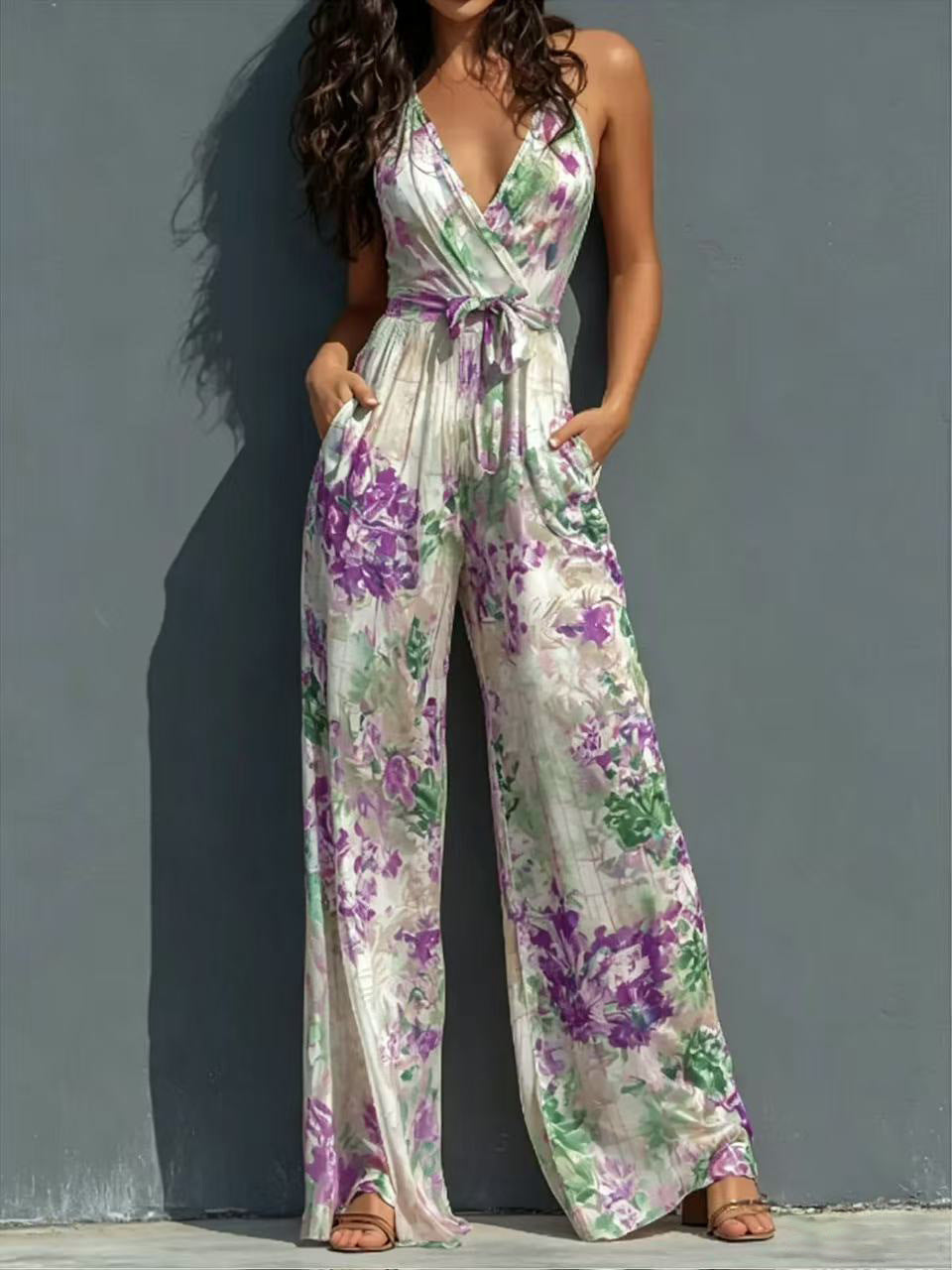 Women's Halter Deep-V Floral Wide-Leg Jumpsuit