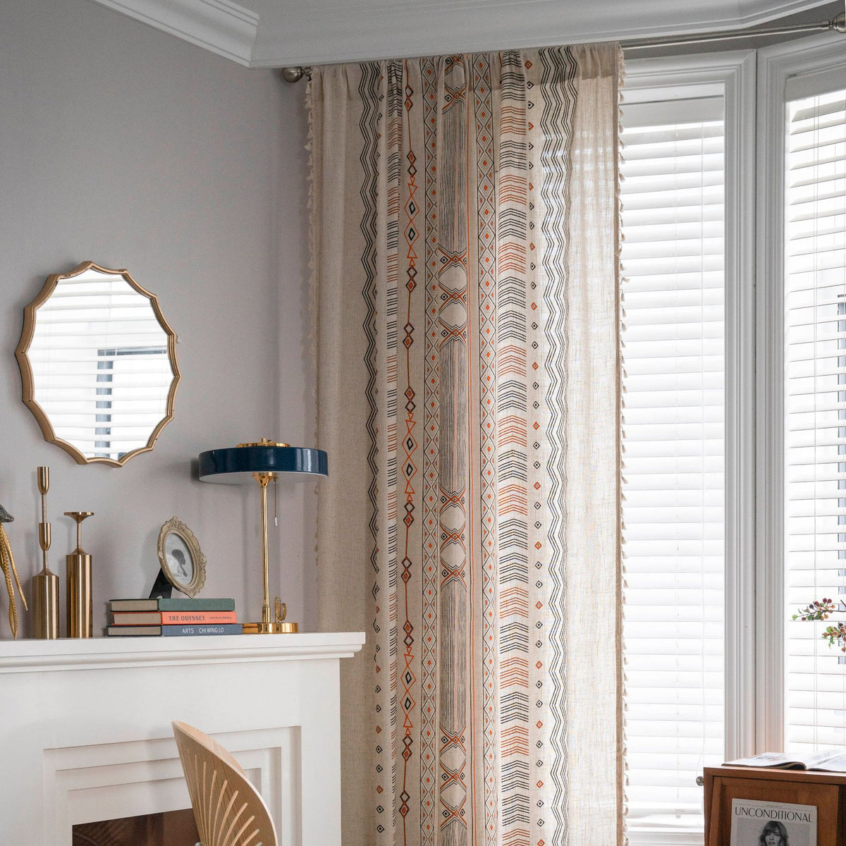 Boho Cream Cotton and Linen Print Sun Shade Non-punched Curtain Fabric