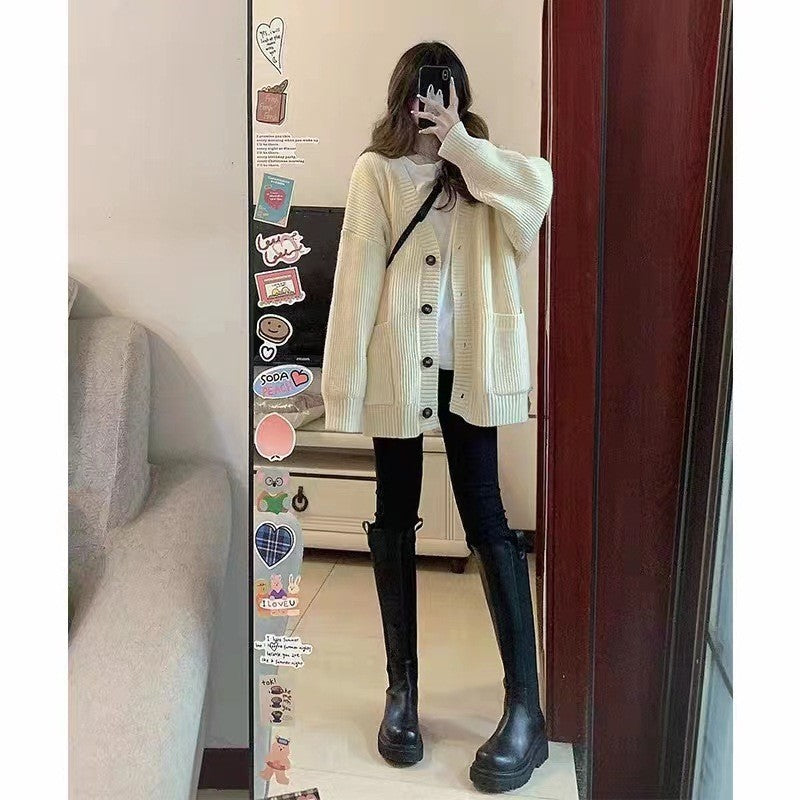 Womens Solid-color Loose-fit Korean-style Knitted Sweater