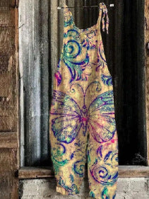 Women's Vintage Print Flared Suspender Pants
