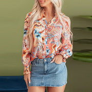 Retro Floral Print V-neck Women's Fashion Color Block Loose Shirt