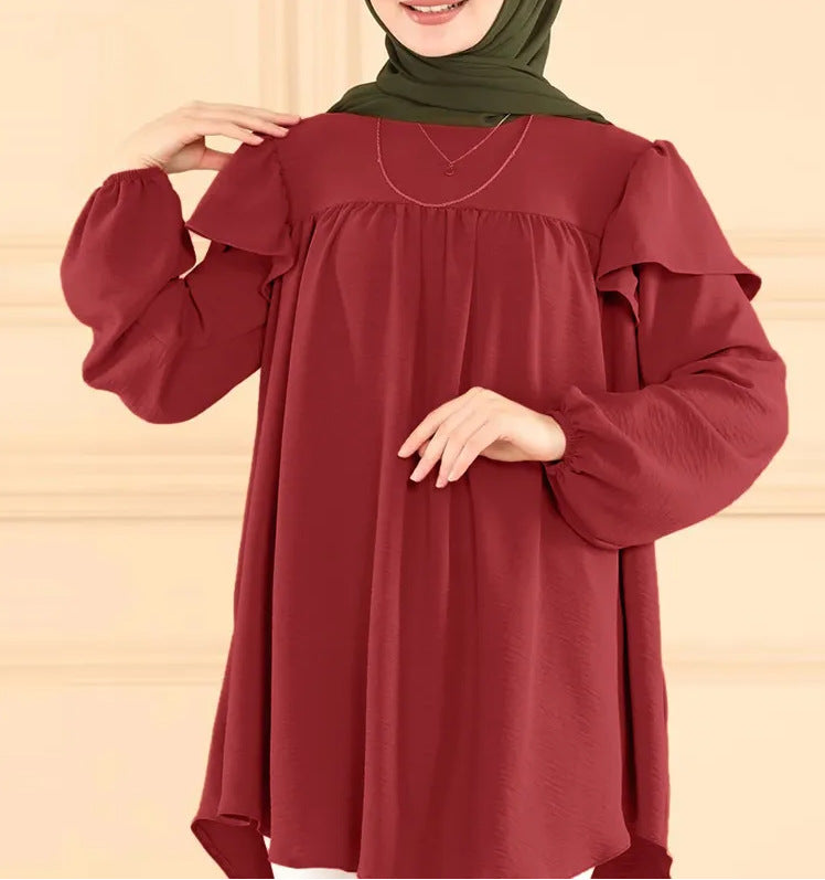 Solid Color Long Sleeve Loose Lotus Leaf Round Neck Top Shirt