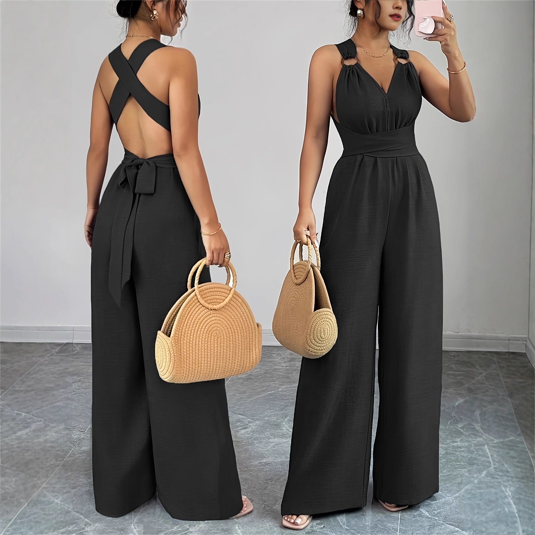 Elegant Backless Crossover Wide-Leg Jumpsuit