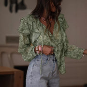 Womens Floral Print V-Neck Long-Sleeve Patchwork Ruffle-Trim Loose Shirt