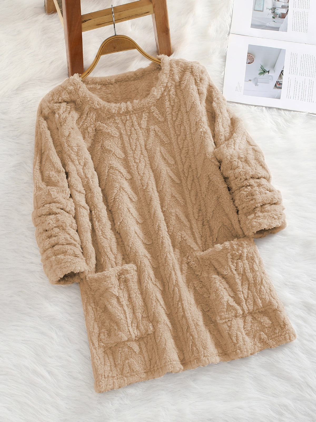 Teddy Fleece Jacquard Long-sleeve Casual Sweatshirt for Autumn and Winter Fluffy and Warm with Pocket Hood