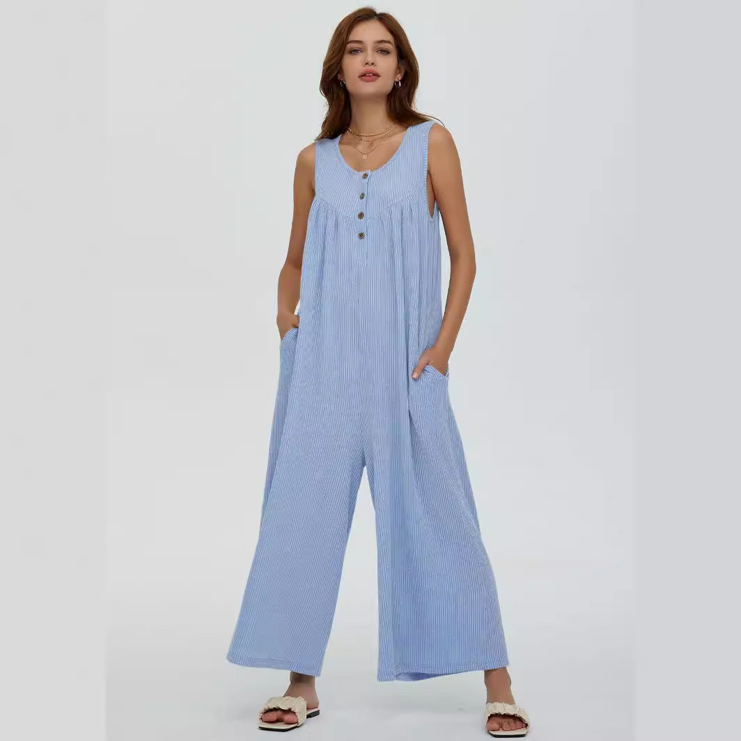 Summer European And American Style Fresh Casual Women's Pocket Jumpsuit