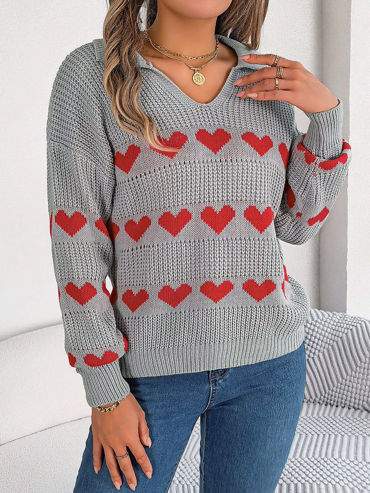 Women Casual V-neck Lantern Sleeve Color Block Heart Pullover Sweater